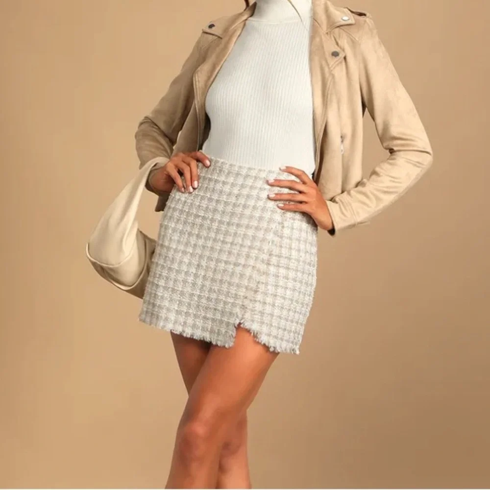 Lulus Preppy Reputation Ivory Plaid Tweed Faux-Wrap Mini Skirt - Picture 3 of 5